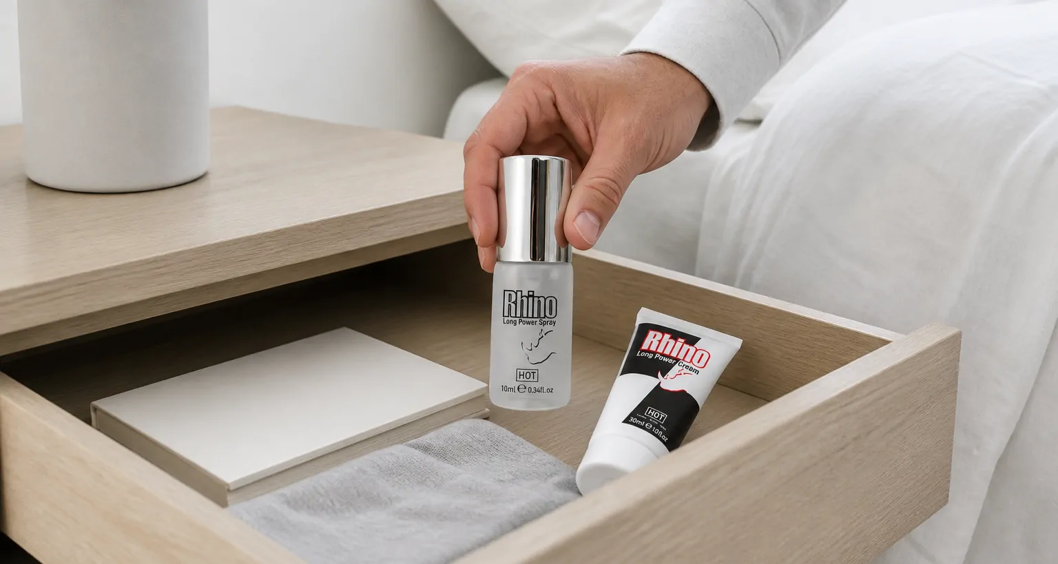 A hand taking the Rhino Long Power Spray bottle out of an open bedside drawer, the Long Power Cream tube lying in the drawer beside it